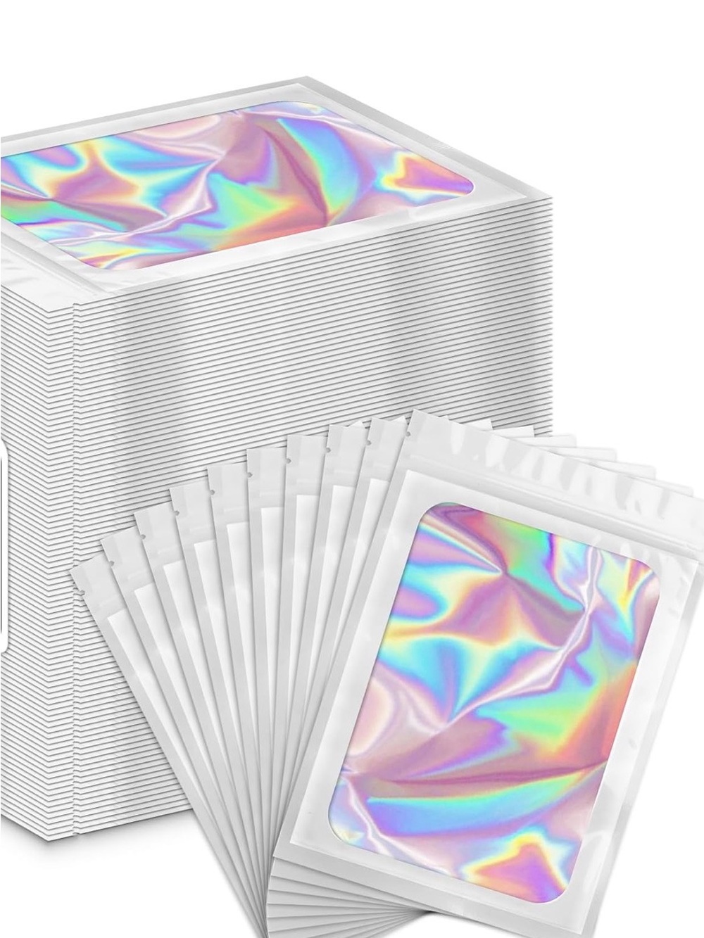 100 Pack - 4x6 | White Holographic Self Sealing Bags with Clear Window